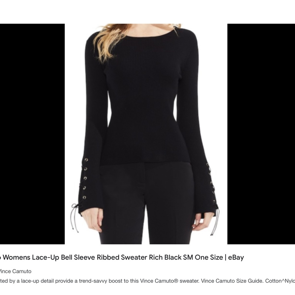Vince Camuto Womens Lace-Up Bell Sleeve Ribbed Sweater Rich Black